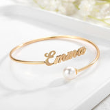 Personalized Pearl Bangle Name Bracelet Stainless Steel Adjustable
