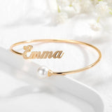 Personalized Pearl Bangle Name Bracelet Stainless Steel Adjustable