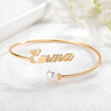Personalized Pearl Bangle Name Bracelet Stainless Steel Adjustable