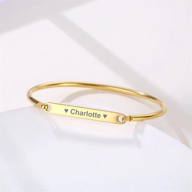 Engraving Name Bracelet Bangles for Women Girl Stainless Steel Open Bangle