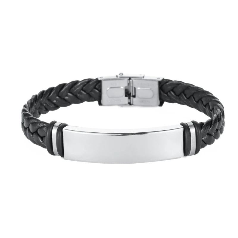 Personalized Engrave Name Leather Bracelet DIY Stainless Steel Men's Casual