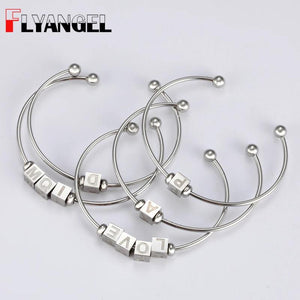 FLYANGE Initial Letter Beads Bangle,Stainless Steel Alphabet Beads Bracelet