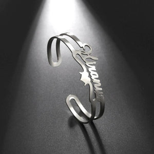 Fishhook Name Bangle Personalized Bracelet Adjustable Cuff Wristband