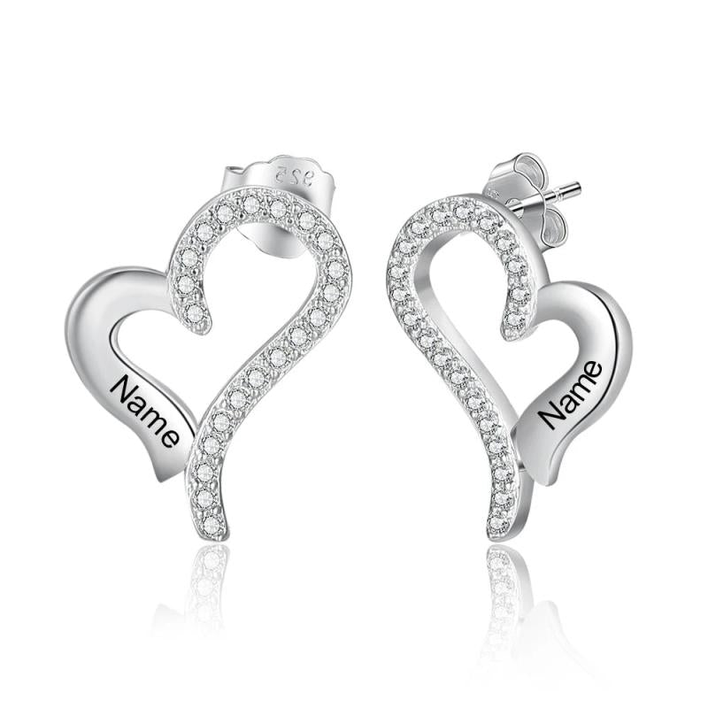 Personalized Name Engraved Heart Stud Earrings with CZ - Birthday Gift