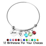 Engraved Mom Heart Birthstone Bracelet with Names Bangle