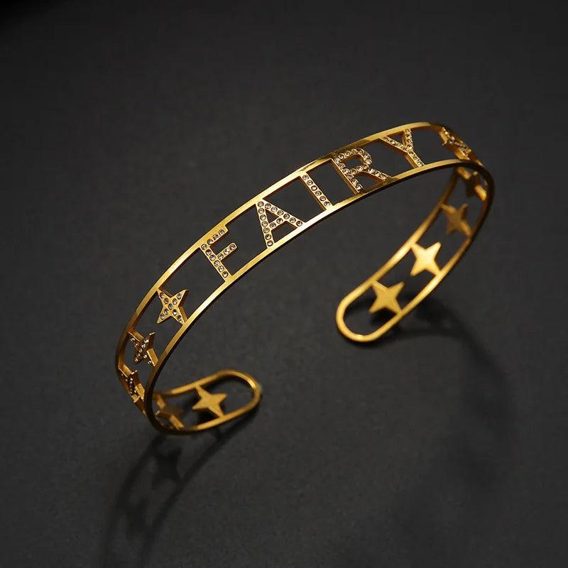 Punk Name Bracelet Stainless Steel Personalized Rhinestone Wrist Bangles
