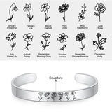 Personalized Birth Flower Cuff Bangles Stainless Steel Birth Month Bracelets