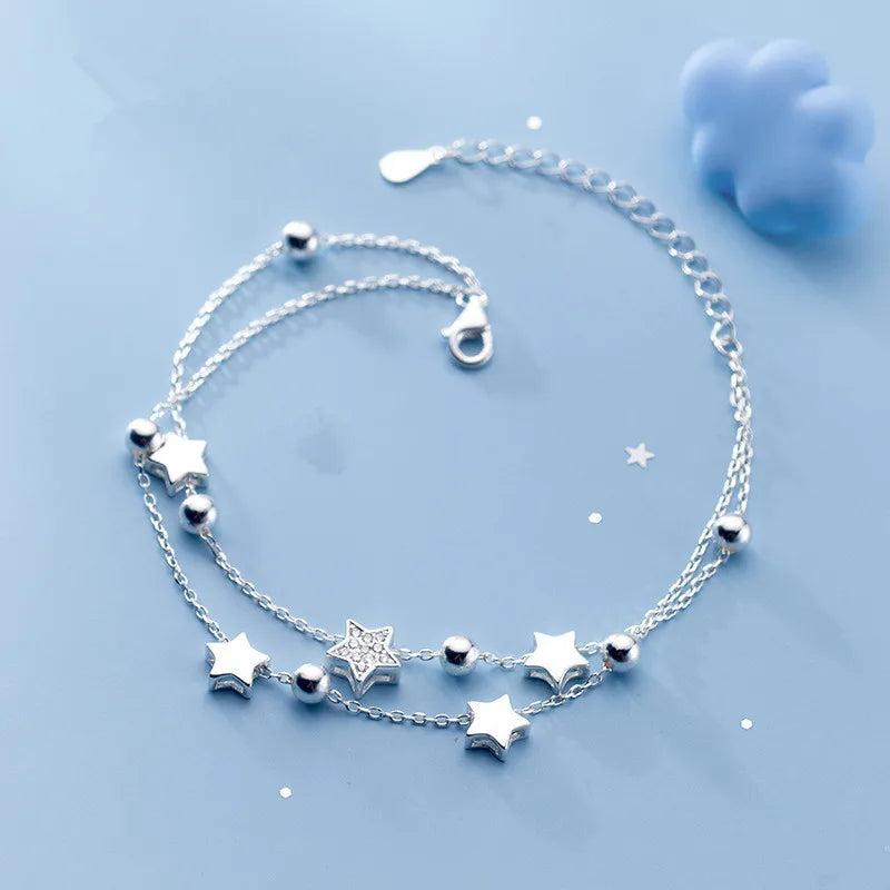 925 Silver Double Layer Zircon Star Charm Bracelet for Women