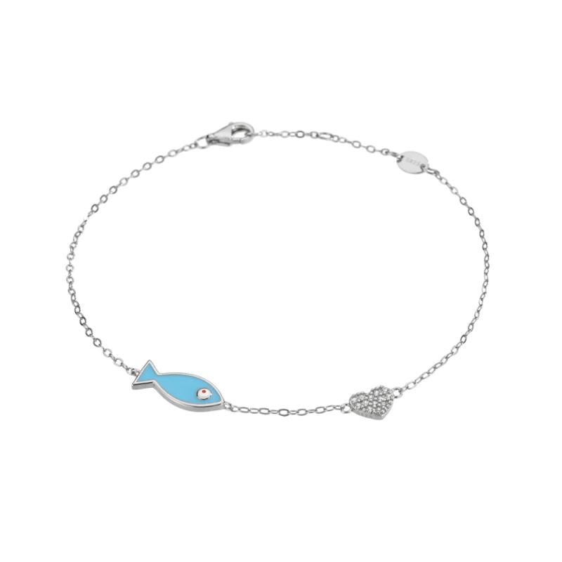 925 Silver Fish Heart Chain Bracelet Zircon CZ Punk Jewelry