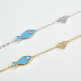 925 Silver Fish Heart Chain Bracelet Zircon CZ Punk Jewelry