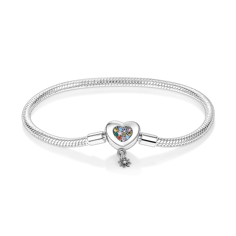925 Sterling Silver Snake Chain Heart CZ Bracelet Bangle DIY Jewelry