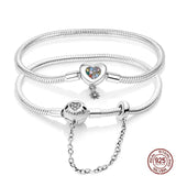 925 Sterling Silver Snake Chain Heart CZ Bracelet Bangle DIY Jewelry