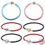 925 Sterling Silver Leather Bracelet with Round Buckle for DIY Jewelry