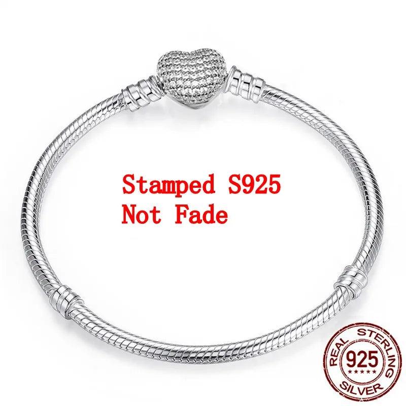 925 Silver DIY Bracelet Bangle Diamond Heart Clasp Snake Chain Bead Jewelry