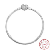 925 Silver DIY Bracelet Bangle Diamond Heart Clasp Snake Chain Bead Jewelry