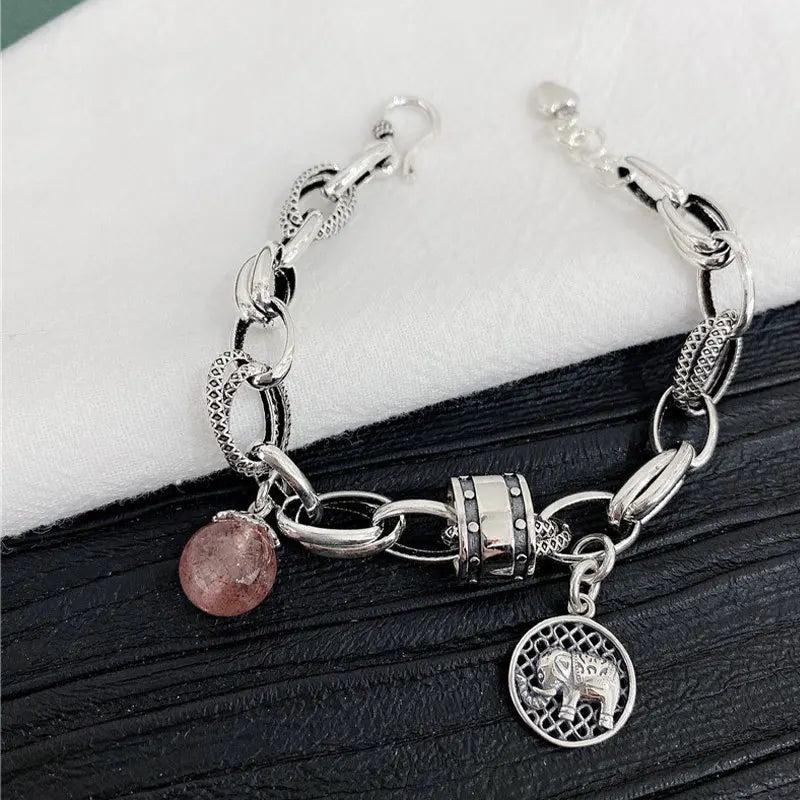 925 Sterling Silver Elephant Animal Tag Bracelet with Quartz Charm