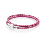 925 Sterling Silver Black Red Braided Leather Charm Bracelet