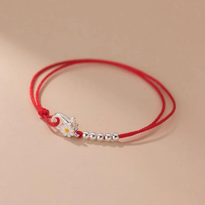 925 Sterling Silver Red Thread Bracelet with Daisy Flower