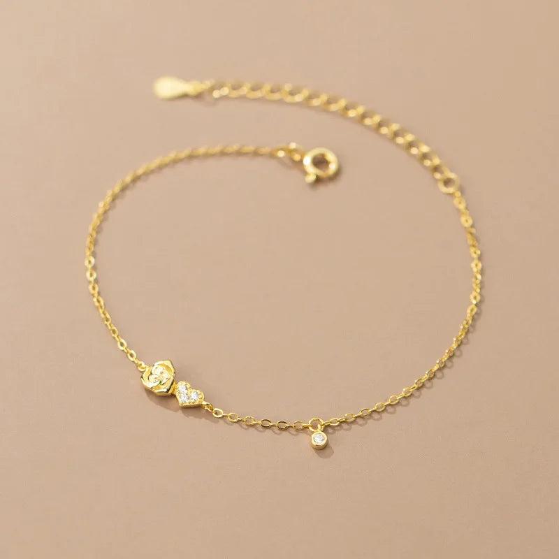 925 Silver Heart Flower CZ Chain Bracelet Romantic Girlfriend Gift