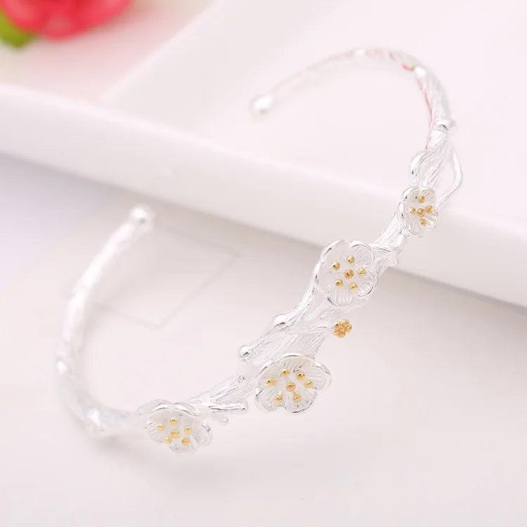 925 Sterling Silver Plum Flower Bracelet for Women