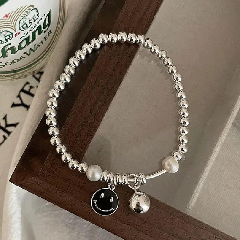 925 Silver Smily Face Round Letters Bracelet, Vintage Hasp Bracelet
