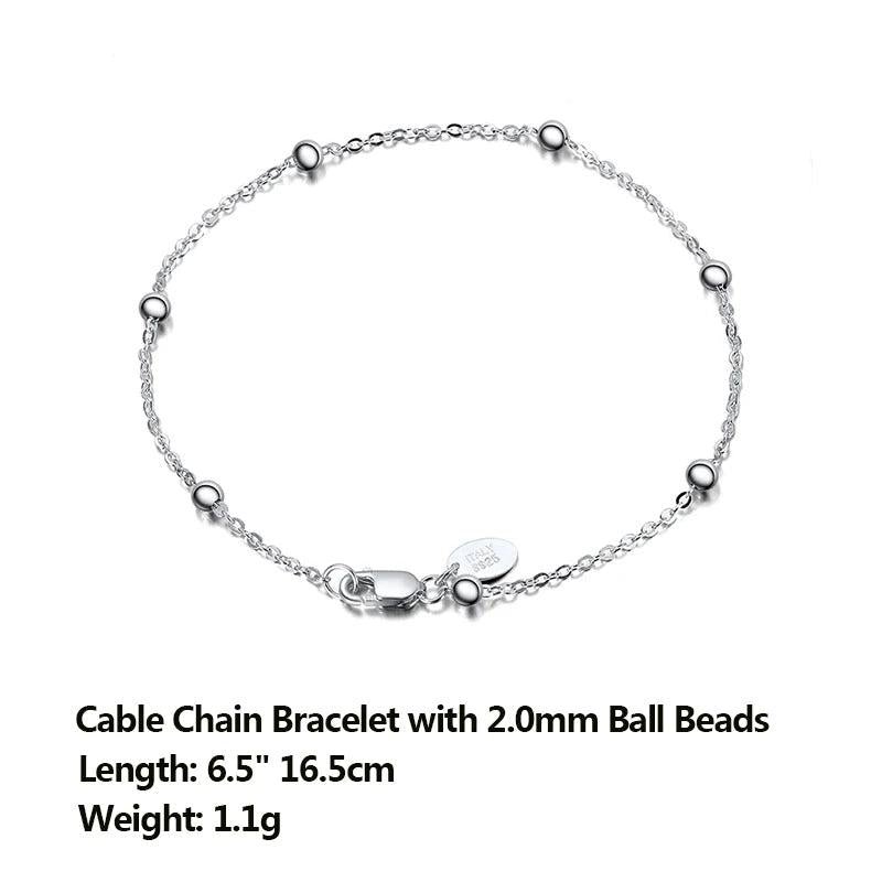 2mm Ball Beads Bracelet 925 Sterling Silver Cable Chain Girl Jewelry Gift