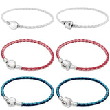 Woven Leather Bracelet Barrel Clasp 925 Silver Charm Diy Jewelry