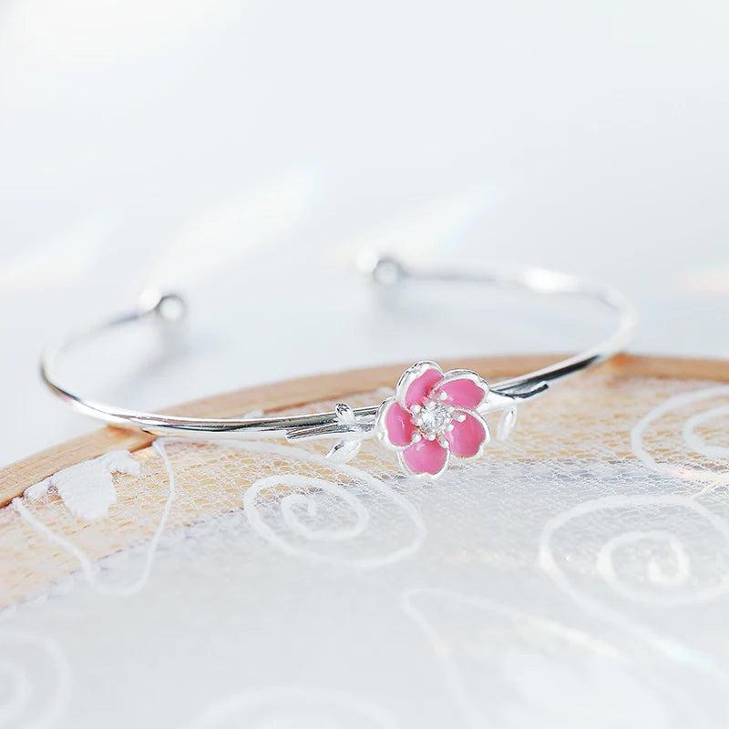 Personality Art 925 Silver Bar Pink Plum Flower Bracelet