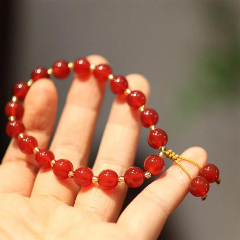 8mm Red Agate Beads Bracelet Women Double Tassel Weaving Charm