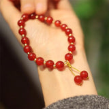 8mm Red Agate Beads Bracelet Women Double Tassel Weaving Charm