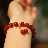 8mm Red Agate Beads Bracelet Women Double Tassel Weaving Charm