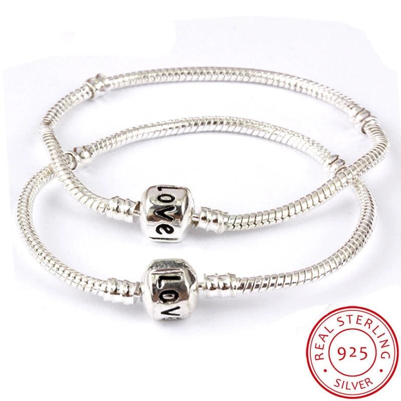 925 Silver Snake Chain Bracelet Love Charm Bead 16-23cm Women