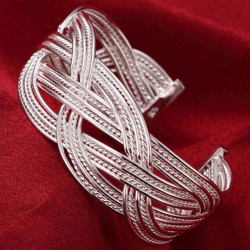 925 Silver Twisted Weaving Open Big Bangles for Women Men