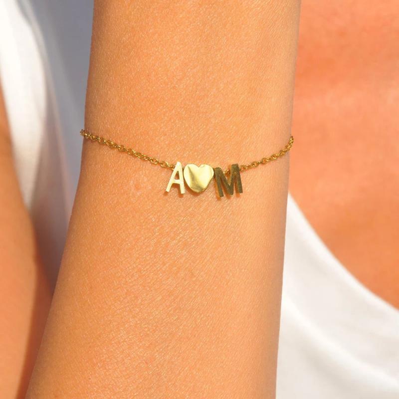 Personalized Initial Letter Name Bracelet Couple Heart Charms Chain