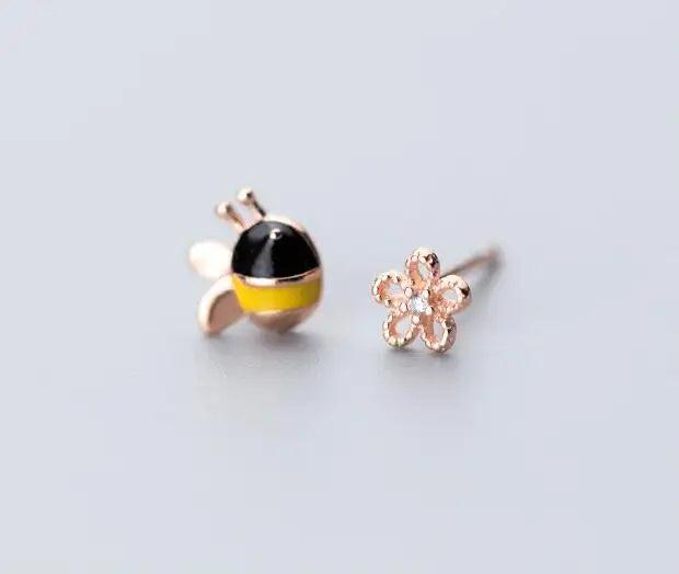 925 Silver Asymmetry Bee & Flower Stud Earrings
