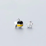 925 Silver Asymmetry Bee & Flower Stud Earrings