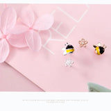 925 Silver Asymmetry Bee & Flower Stud Earrings