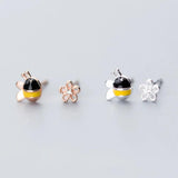 925 Silver Asymmetry Bee & Flower Stud Earrings