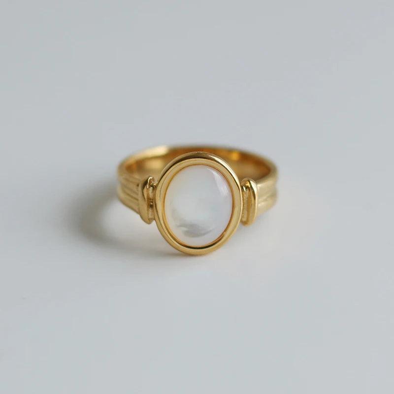 Oval Shell Ring Stainless Steel 18K Plated Texture Jewelry Women Girls Gift