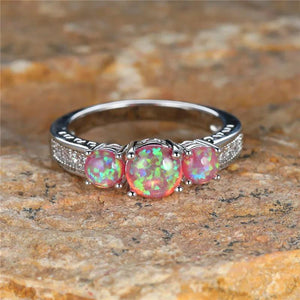 Small Round Silver Purple Opal Stone Ring Vintage Wedding Jewelry