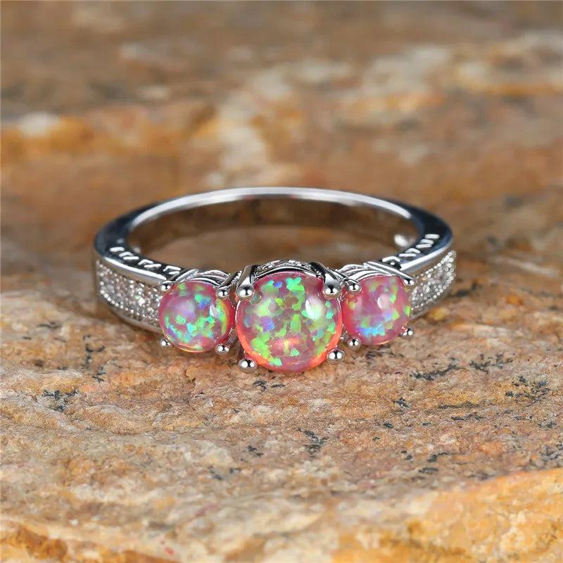Small Round Silver Purple Opal Stone Ring Vintage Wedding Jewelry
