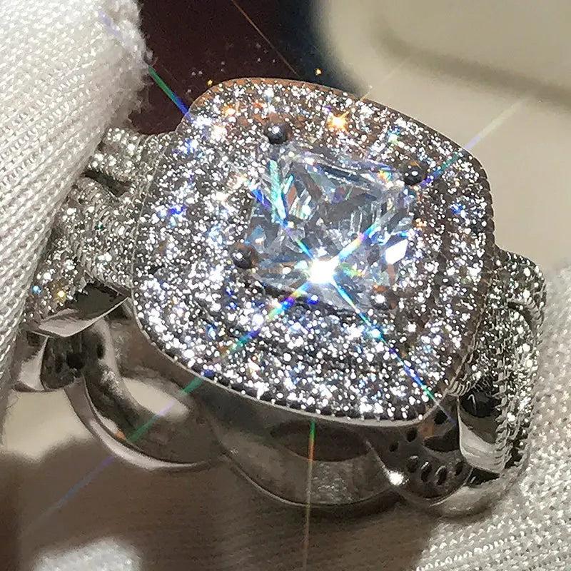 Vintage Crystal Stone Ring Set Silver Wedding Zircon Engagement Ring