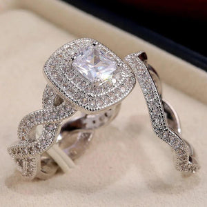 Vintage Crystal Stone Ring Set Silver Wedding Zircon Engagement Ring