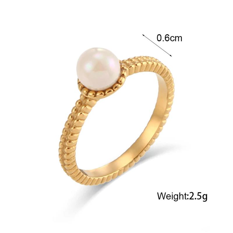 Luxury Stainless Steel 18K Braid Texture Round Pearl Ring For Women