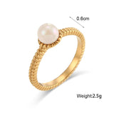 Luxury Stainless Steel 18K Braid Texture Round Pearl Ring For Women