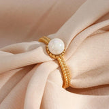 Luxury Stainless Steel 18K Braid Texture Round Pearl Ring For Women