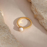 Luxury Stainless Steel 18K Braid Texture Round Pearl Ring For Women