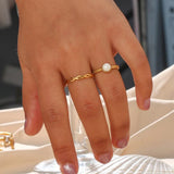 Luxury Stainless Steel 18K Braid Texture Round Pearl Ring For Women