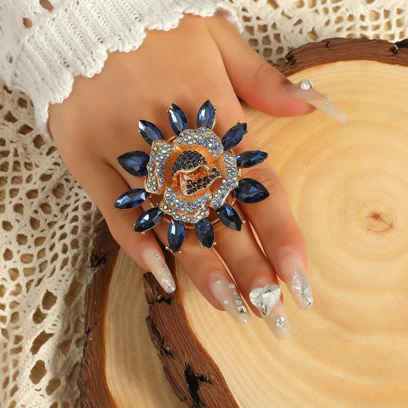 Big Sunflower Rings Red Champagne Zircon Crystal Funky Ring