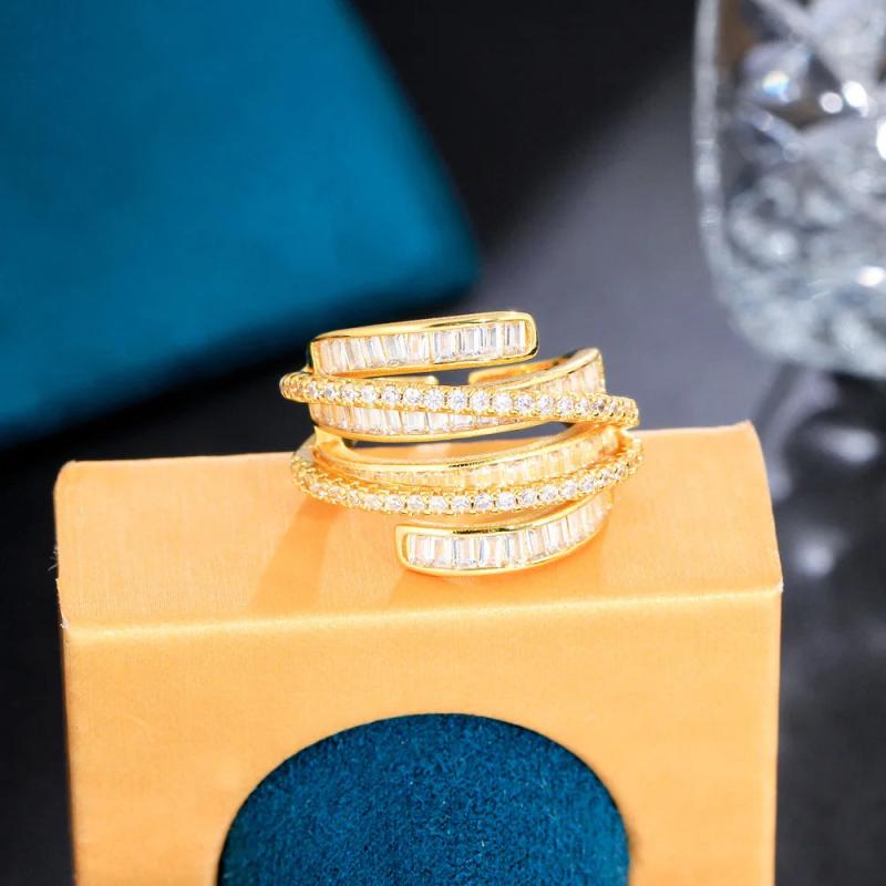 Geometric Cross Layer CZ Open Cuff Ring for Women R276